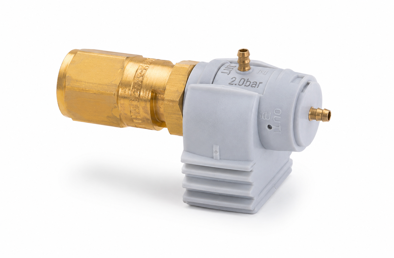 Mytronic Reduziersicherheitsventil 2.0 bar mit Eingangsnippel Ø 2.6 mm und Ausgangsnippel Ø 2.6 mm. Original-Ersatzteil für das Mytronic Bottle System mit integriertem Sicherheitsventil (2.5 bar), geeignet für flexible Schläuche.