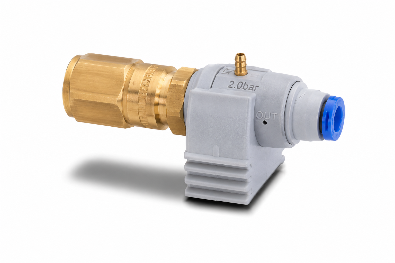 Mytronic Reduziersicherheitsventil 2.0 bar mit Eingang für festen Schlauch Ø 4 mm und Ausgangsnippel Ø 2.6 mm. Original-Ersatzteil für das Mytronic Bottle System mit integriertem Sicherheitsventil (2.5 bar), passend für feste Druckluftschläuche.