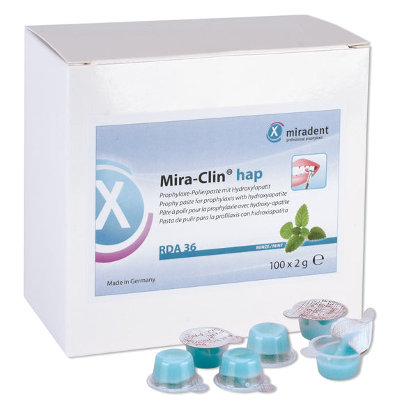 Professionelle miradent Mira-Clin® hap Polierpaste von Hager & Werken mit Hydroxylapatit und Xylitol zur schonenden Zahnreinigung und Politur.
